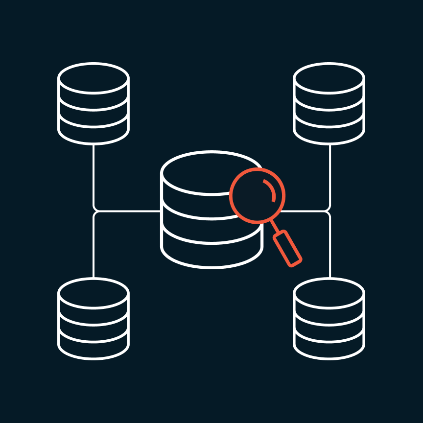 Icons of multiple data bases feeding into a single larger database with a magnifying glass appearing to look into the larger database.