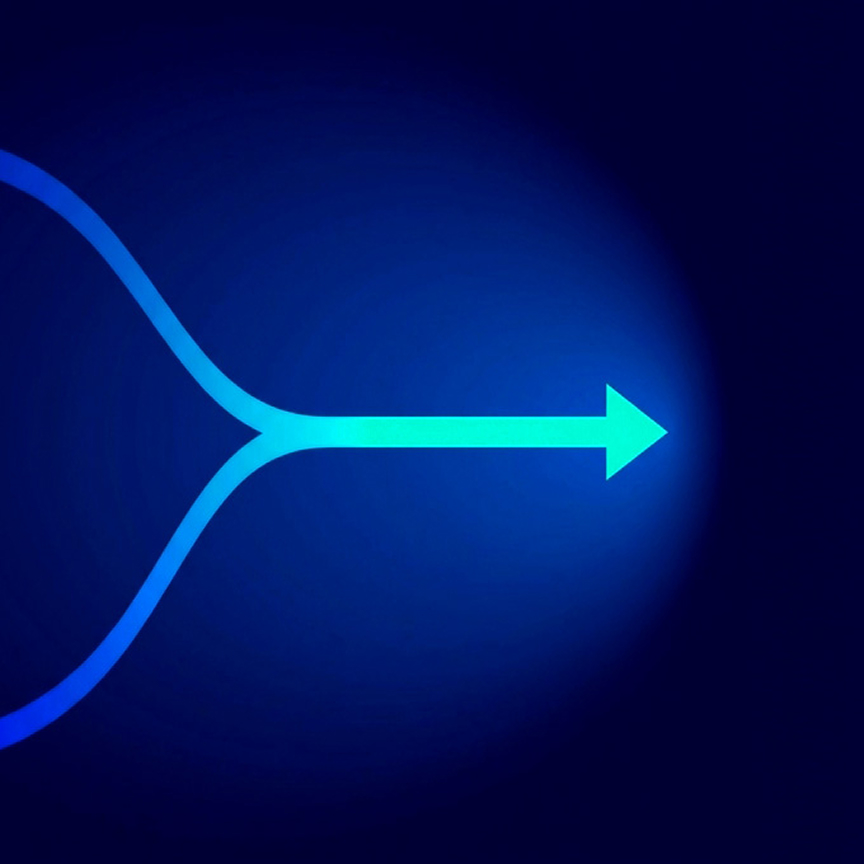 Lines converging from top and bottom to form a single arrow pointing right.