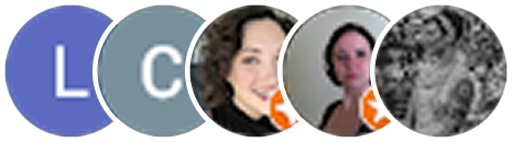 Five circular avatars showing two with single letters L and C, two with women’s faces, and one showing a textured pattern.