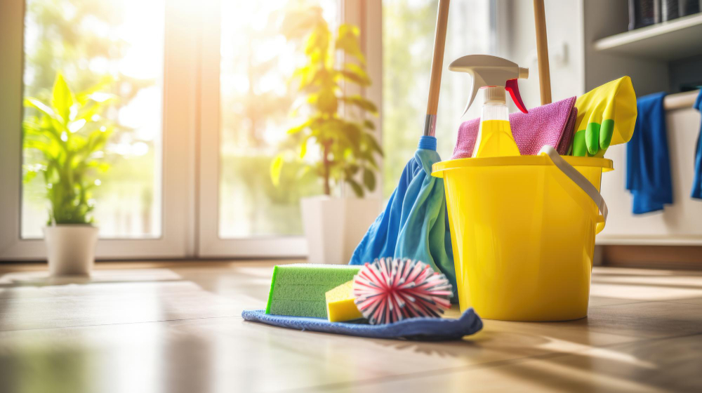 Yellow bucket filled with cleaning gloves, spray bottle, and cloths next to mop and sponges on a sunlit wooden floor.