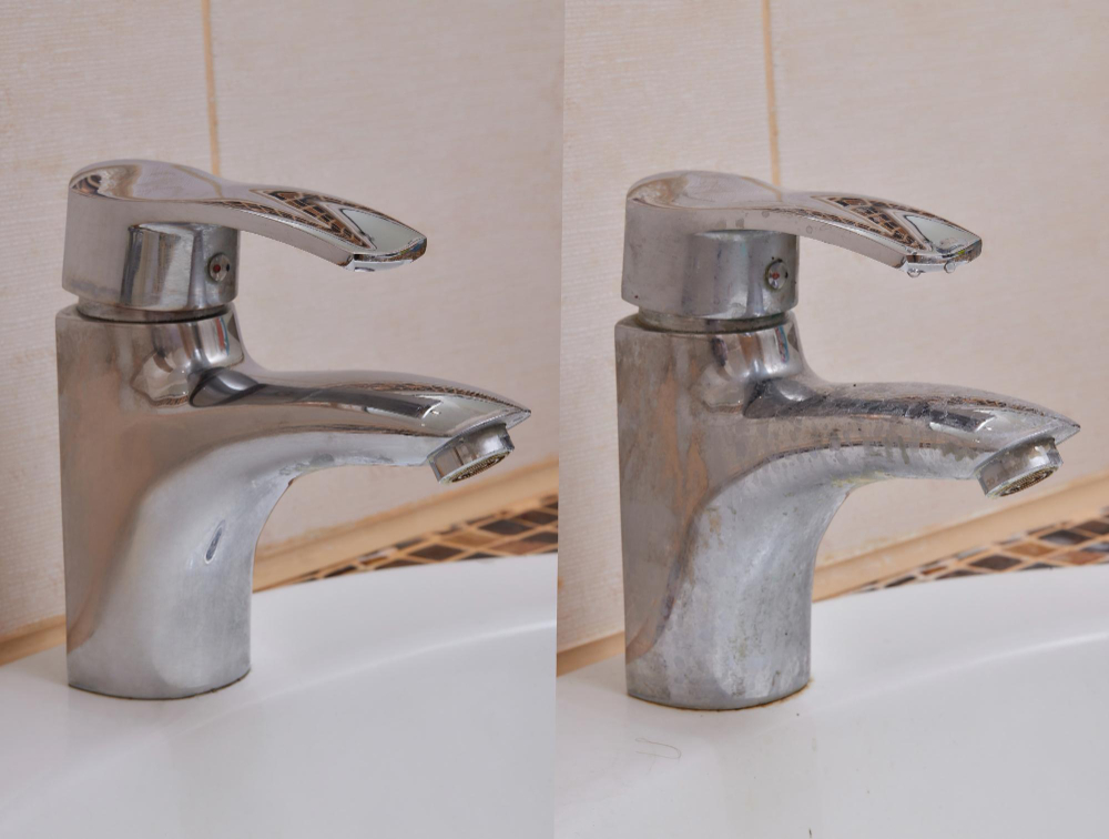 Side-by-side comparison of two metal bathroom faucets mounted on white sinks against beige tiled walls, the left faucet is cleaner and shinier than the right one with visible water stains and grime.