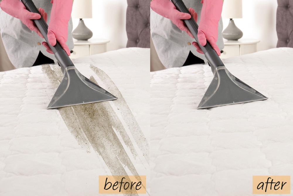 Side-by-side before and after images of a person vacuuming a dirty mattress with a handheld carpet cleaner, showing dirty stains removed on the cleaned side.