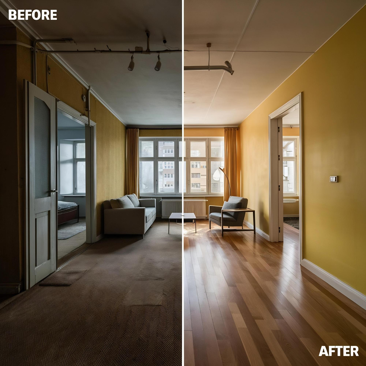 Side-by-side before and after comparison of a living room showing dark, worn carpet and dim lighting on the left, and bright space with new hardwood flooring and modern furniture on the right.