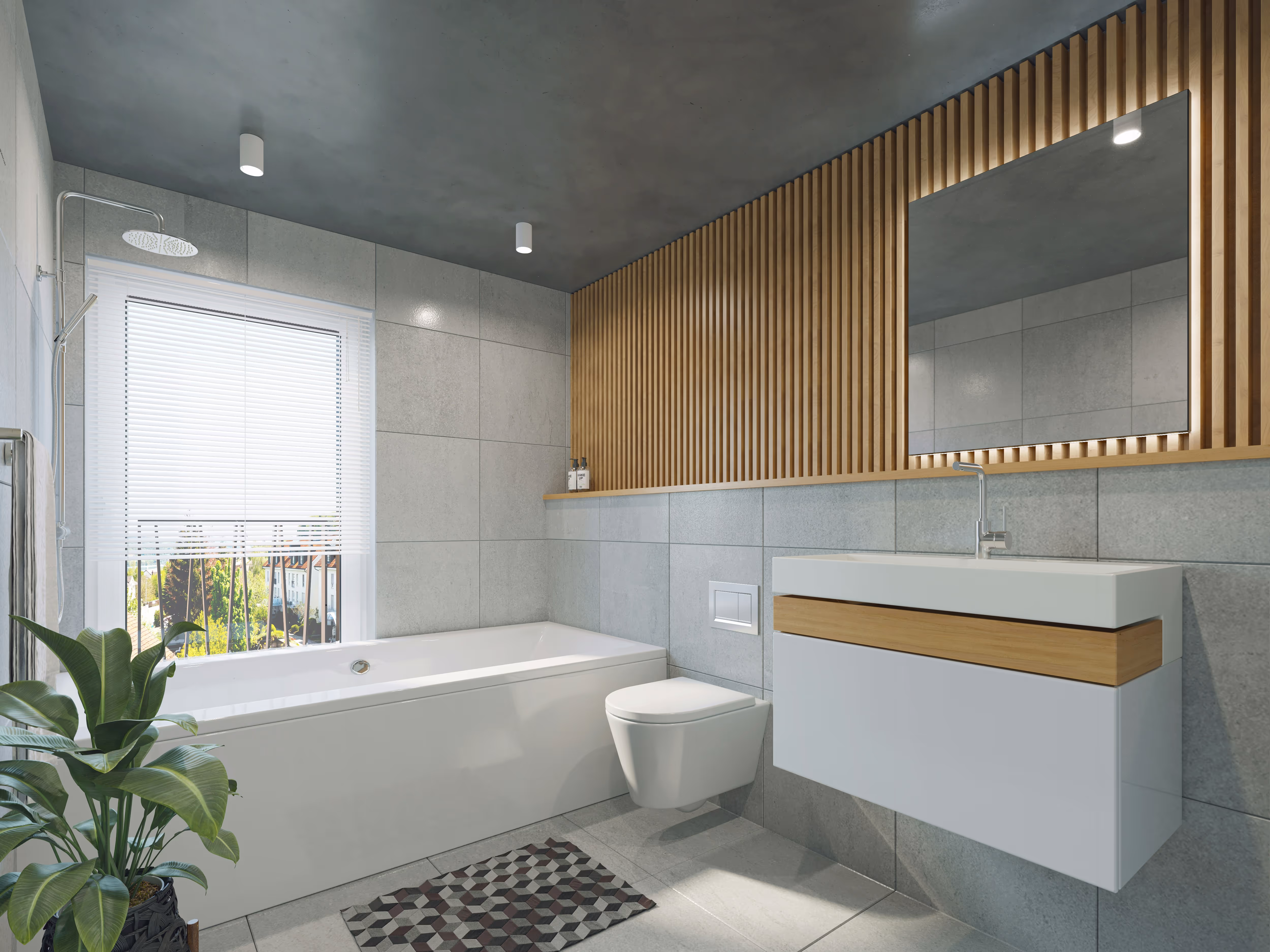 Modern bathroom with gray tiles, white bathtub, wall-mounted toilet, floating vanity with sink, large mirror, wooden slat accent wall, and a green potted plant.