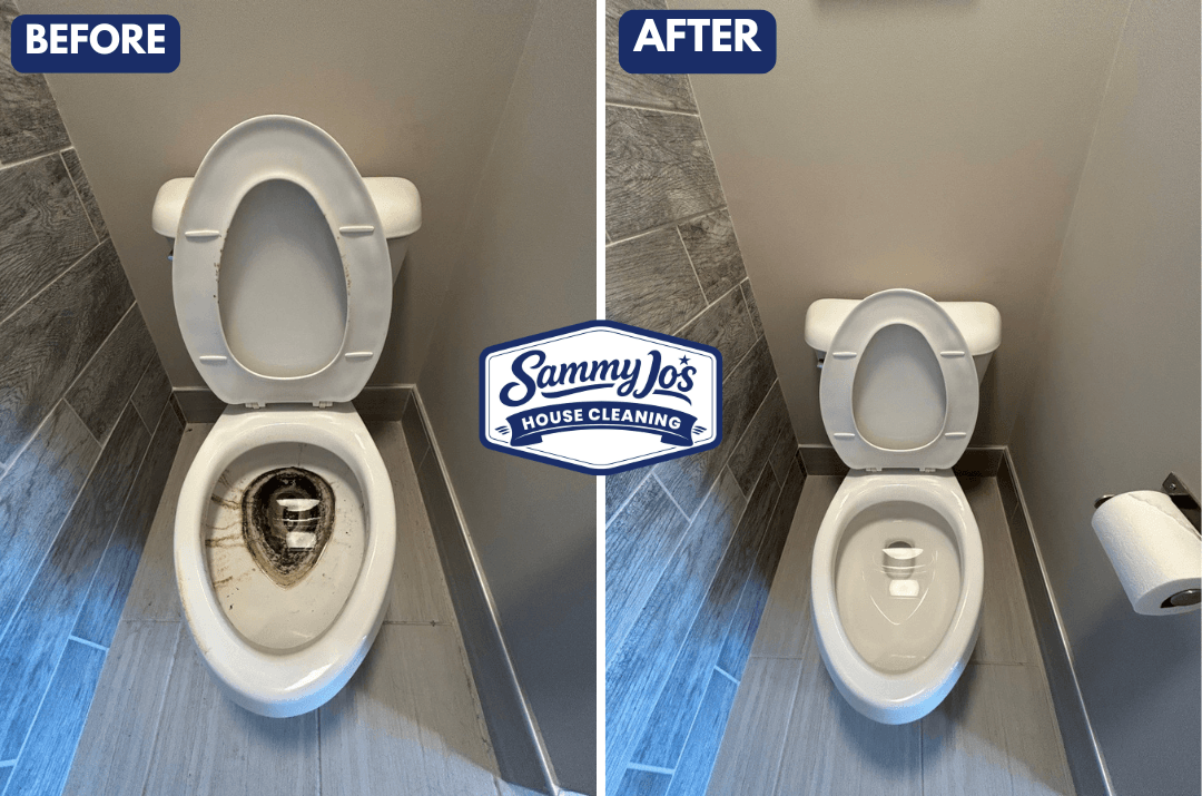 Side-by-side before and after photos of a toilet in a corner bathroom, showing heavy stains and dirt before cleaning and a spotless white toilet after cleaning with Sammy Jo's House Cleaning logo between the images.