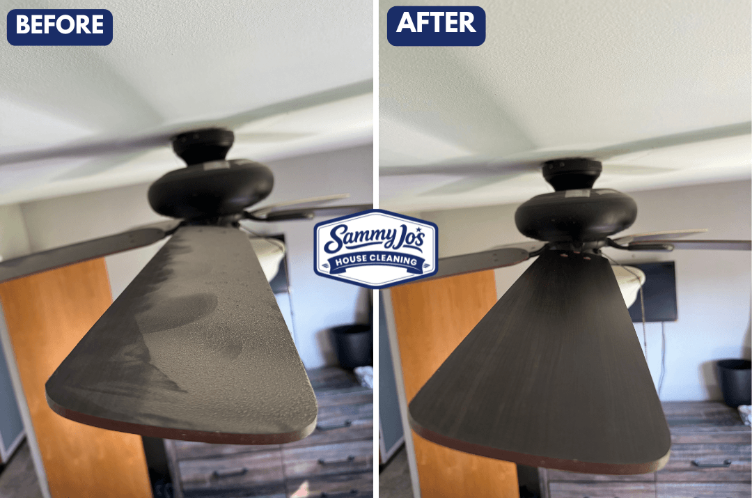 Before and after comparison of a ceiling fan blade showing heavy dust buildup on the left and a clean blade on the right, with Sammy Jo's House Cleaning logo in the center.