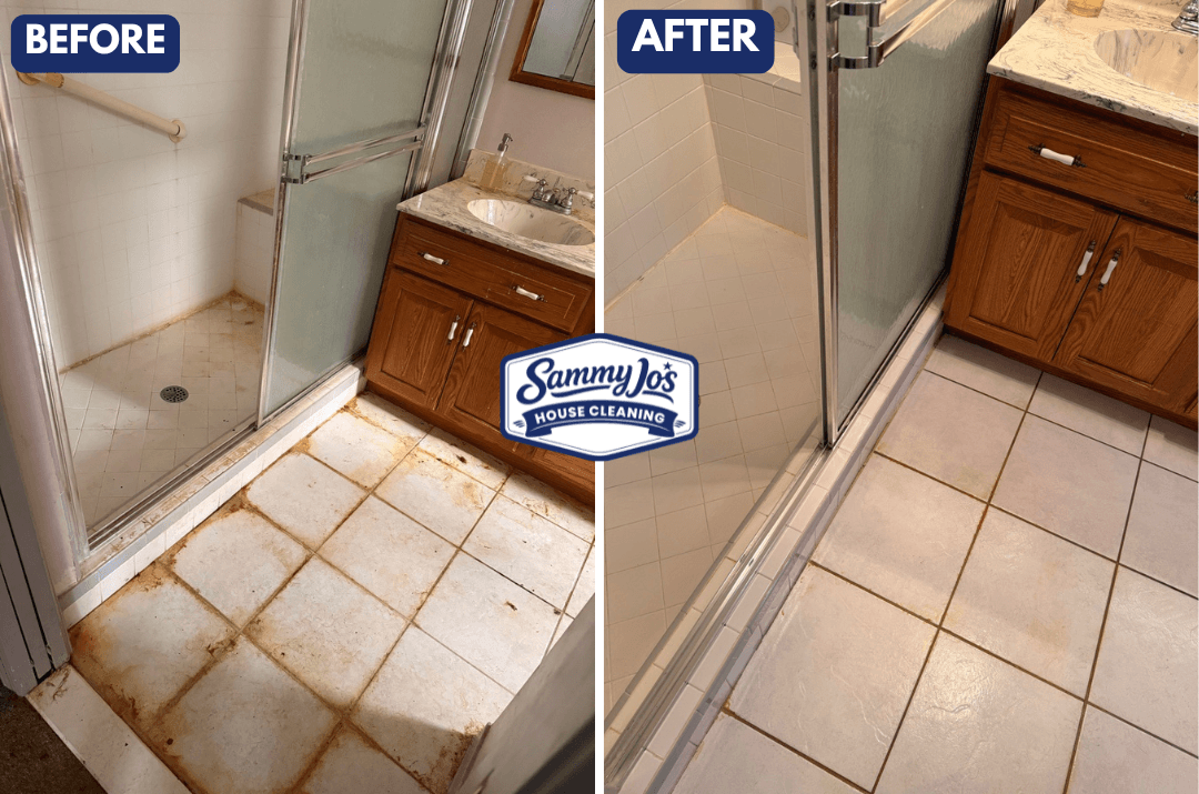 Before and after cleaning comparison of a bathroom floor and shower entrance, showing heavily stained tiles before and clean, bright tiles after.