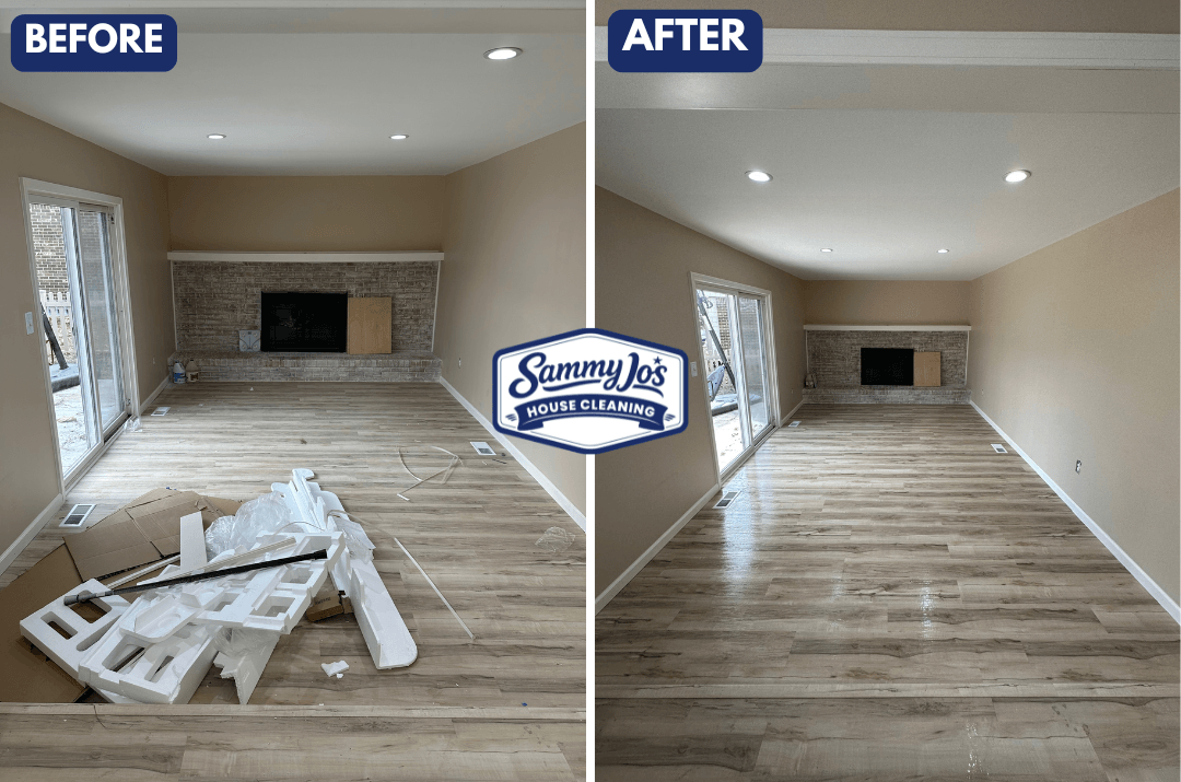 Side-by-side before and after photos of a living room with light wood flooring; the before image shows packing debris on the floor, while the after image shows the floor clean and polished.