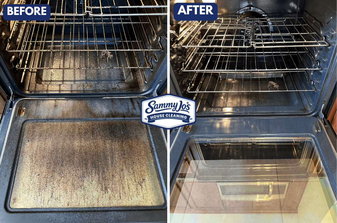 Side-by-side comparison of an oven interior before and after cleaning, showing grime and stains on the left and a sparkling clean oven on the right.