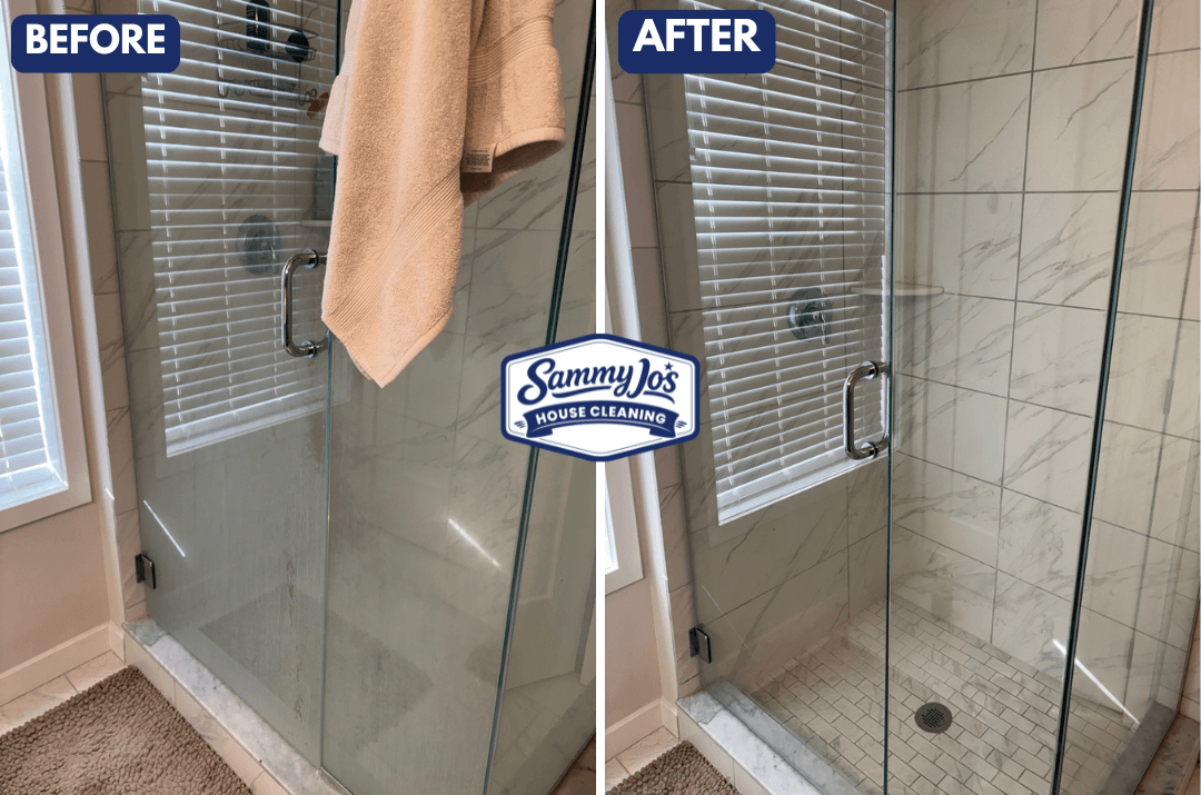 Side-by-side comparison of a shower before and after cleaning, showing a foggy glass door with a towel hanging and a clear, spotless glass door with clean tiled walls.