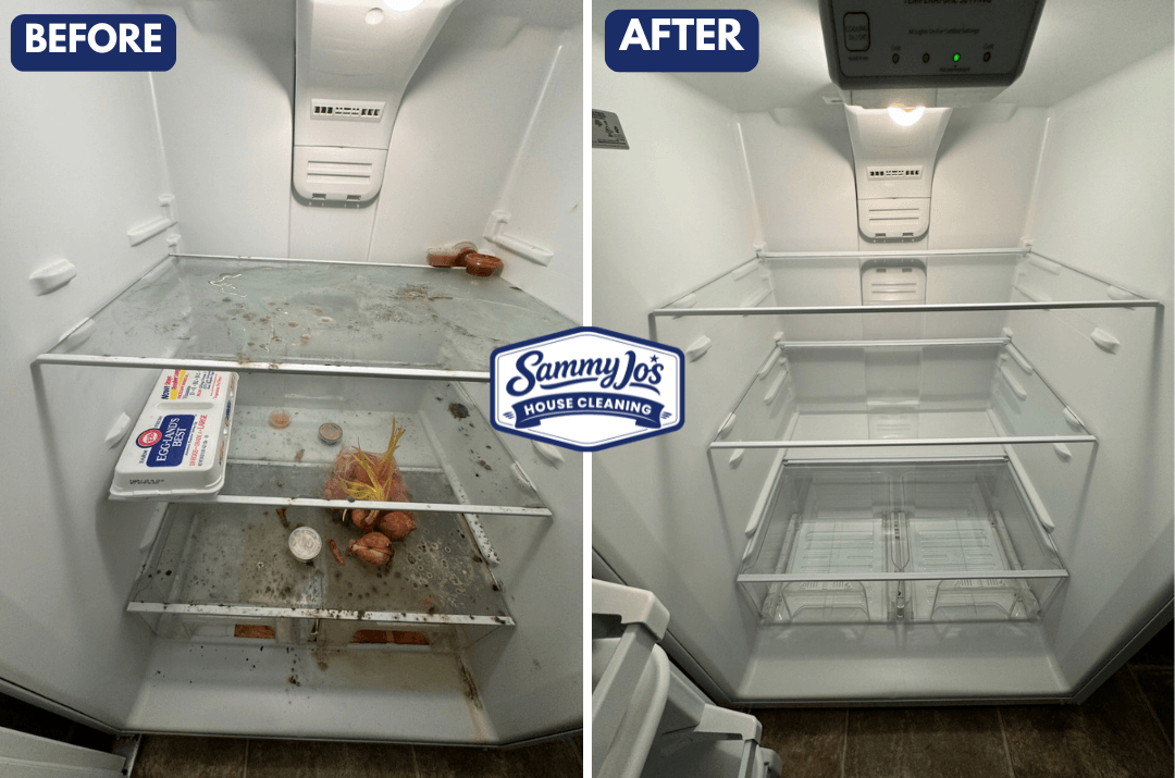 Before and after comparison of a refrigerator interior, showing a dirty fridge on the left with food debris and stains, and a cleaned, empty fridge on the right.