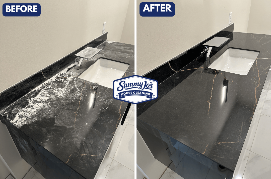 Side-by-side before and after images of a black marble bathroom countertop with a sink; the before side shows a dirty, stained surface, and the after side shows the same countertop clean and polished.
