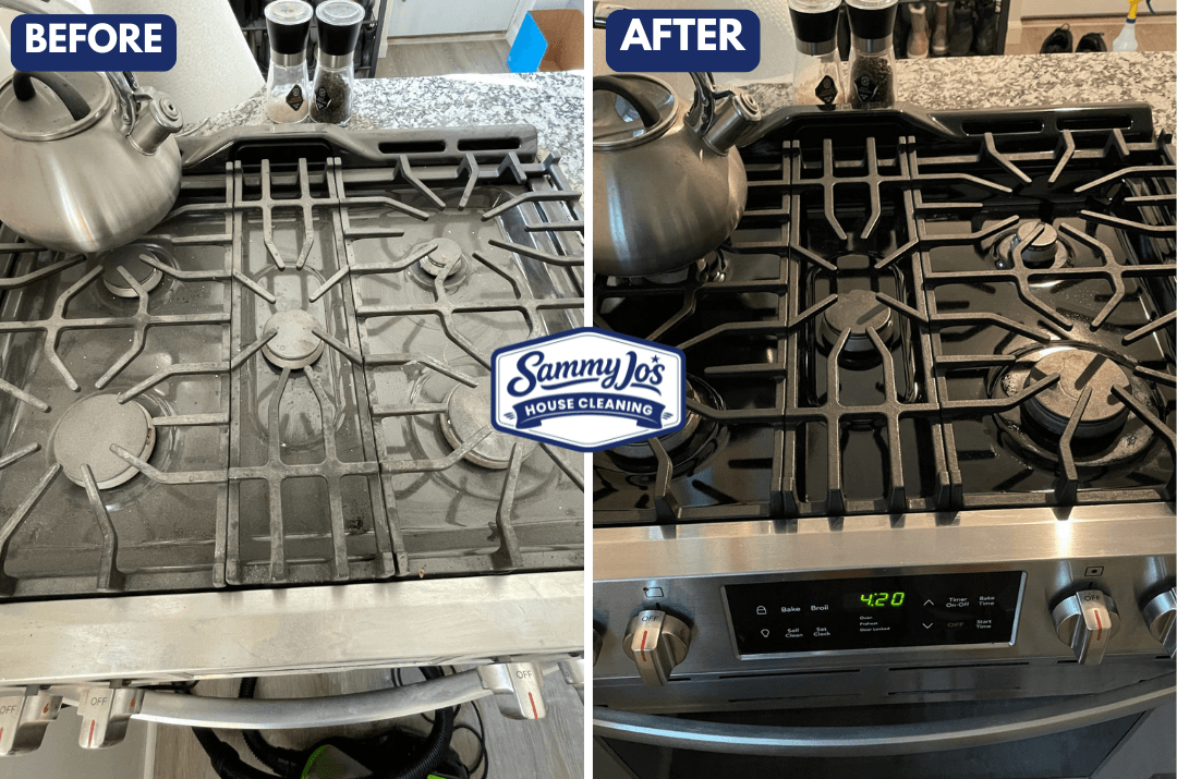 Side-by-side before and after images of a gas stovetop showing a dirty, greasy surface on the left and a clean, polished surface on the right with a kettle on each.