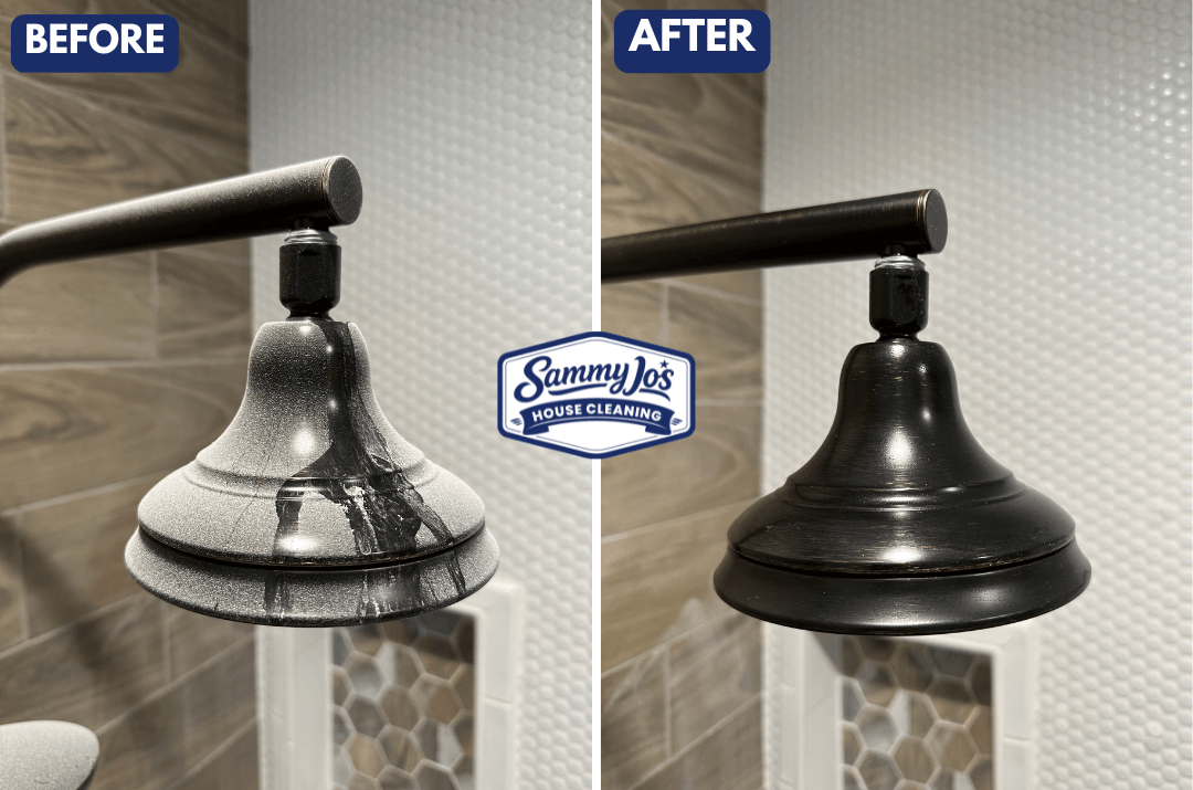 Side-by-side comparison of a showerhead before and after cleaning, showing heavy white mineral deposits on the left and a clean, black surface on the right.