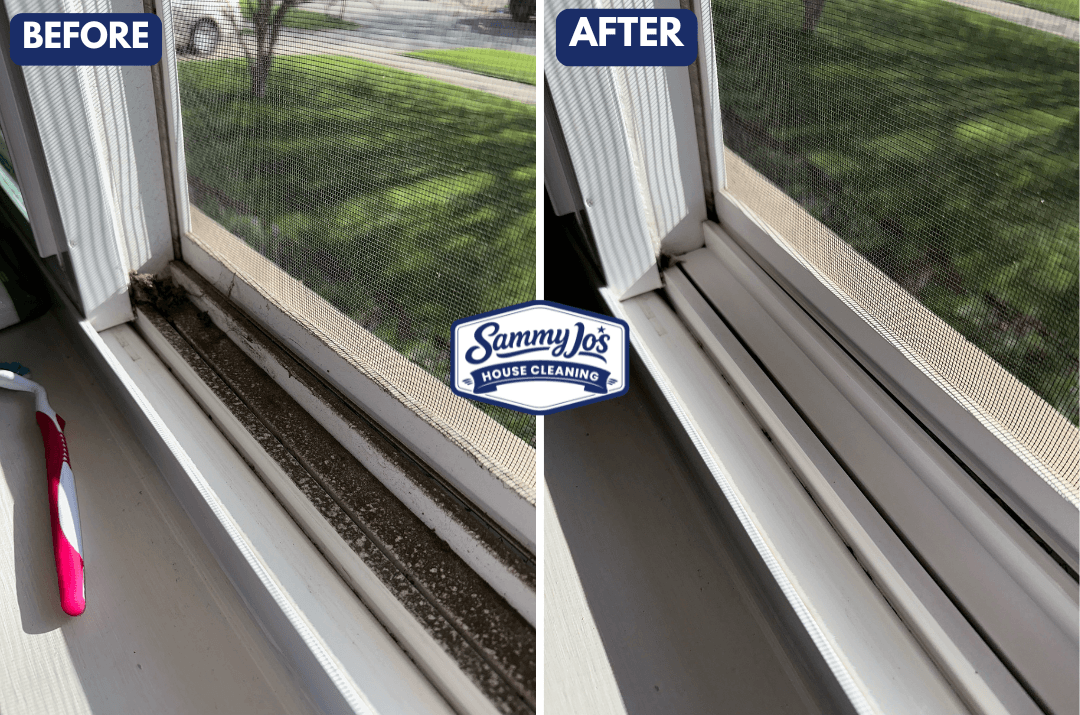 Side-by-side before and after images showing a window sill cleaning, with dirt and grime removed in the after image.