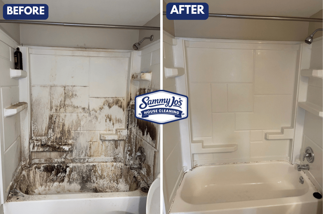 Side-by-side before and after images of a bathtub and shower; the left side shows heavy mold and grime buildup, while the right side shows the same area clean and white.