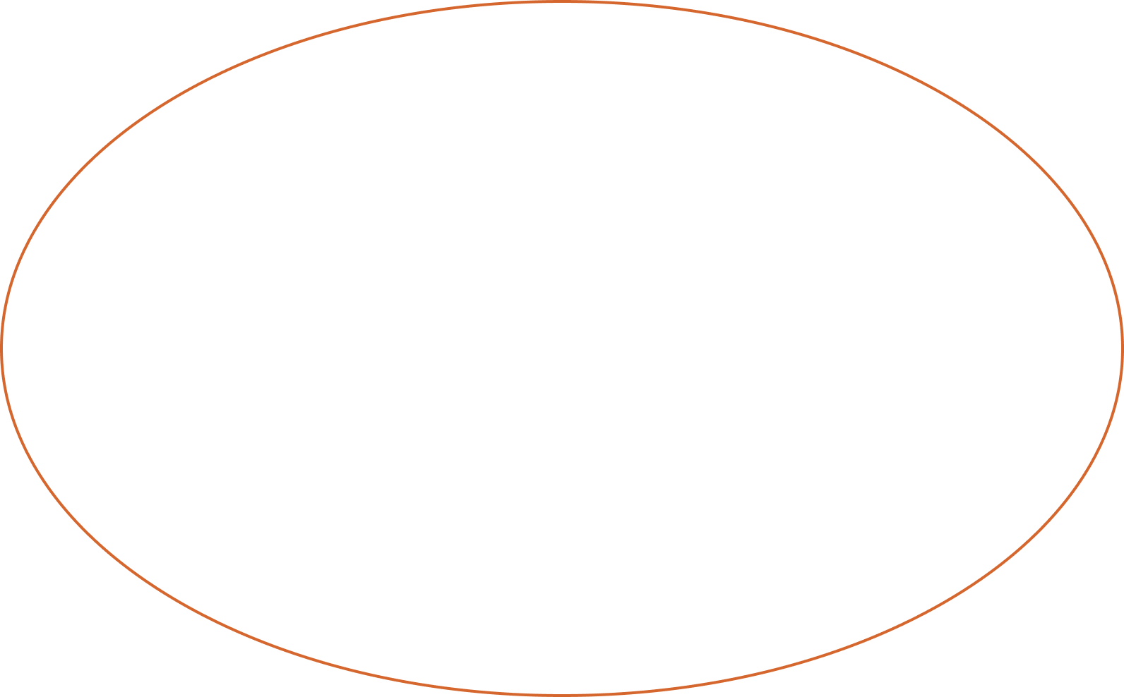 Thin orange oval outline on a transparent background.