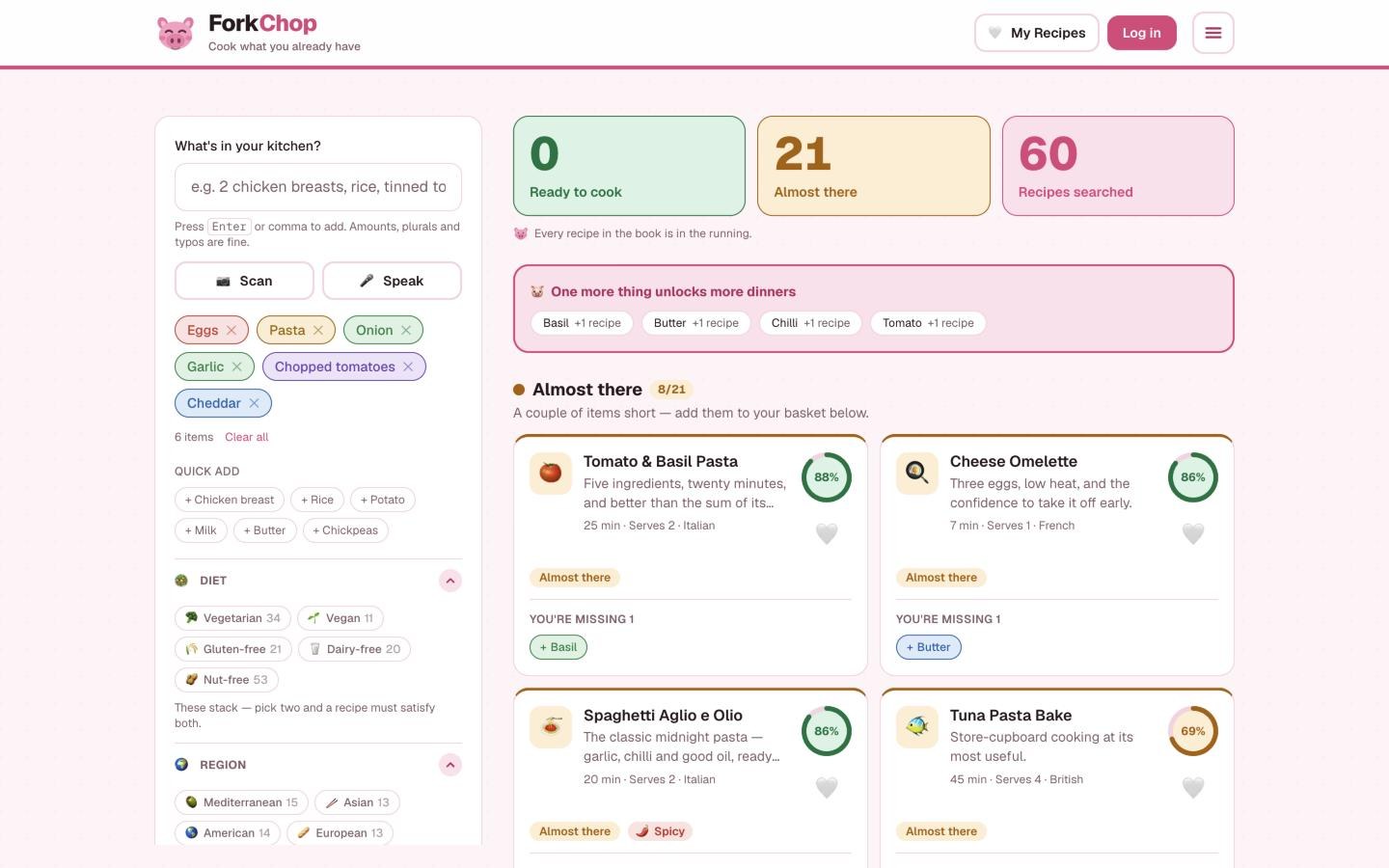 ForkChop recipe matches for a short list of pantry ingredients