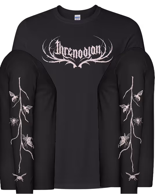Black long-sleeve t-shirt with 'Inrenagon' gothic text and decorative antler-like design on chest, and bee illustrations running down both sleeves.