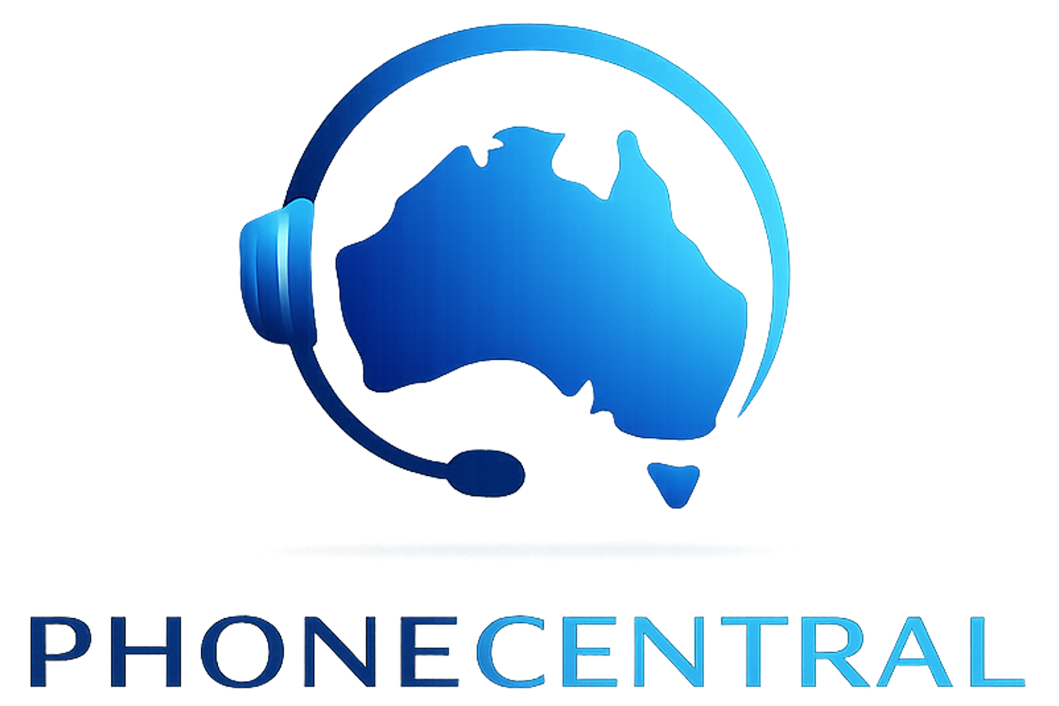 Blue logo of Australia map wearing a headset above the word PhoneCentral.