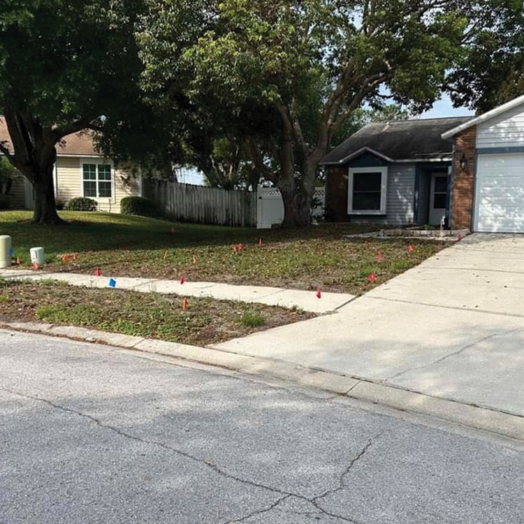 Front yard before sod installation, with existing grass and the project area marked for preparation.
