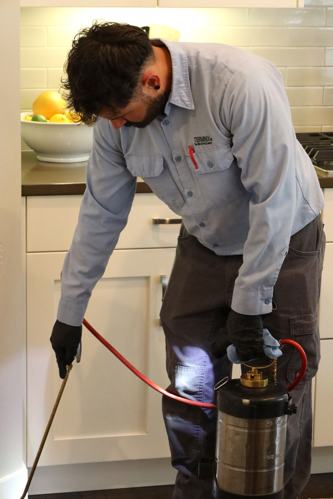 A Terminix technician spraying insecticide in kitchen.