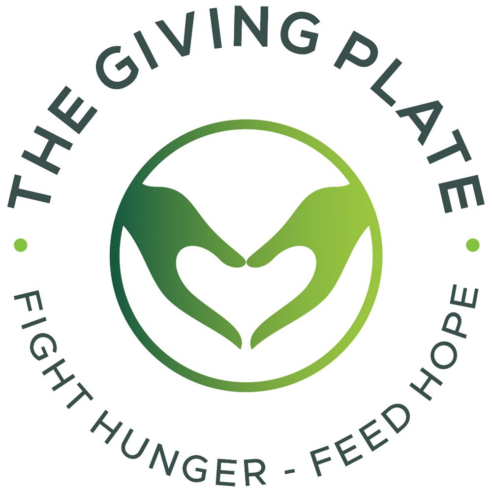 Logo with two green hands forming a heart, surrounded by text 'The Giving Plate Fight Hunger Feed Hope.'