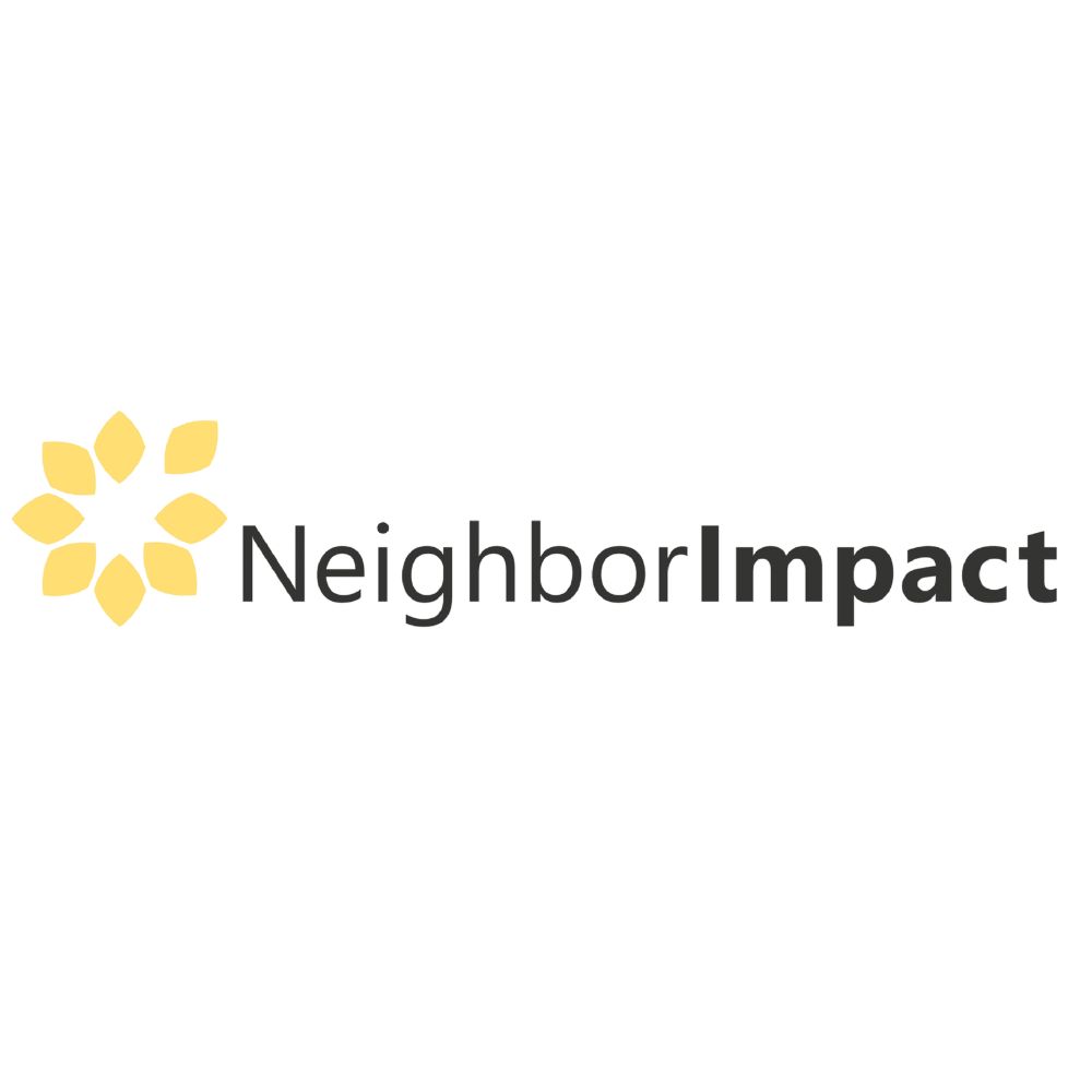 NeighborImpact logo with yellow floral shape on the left and text in black and bold font on the right.