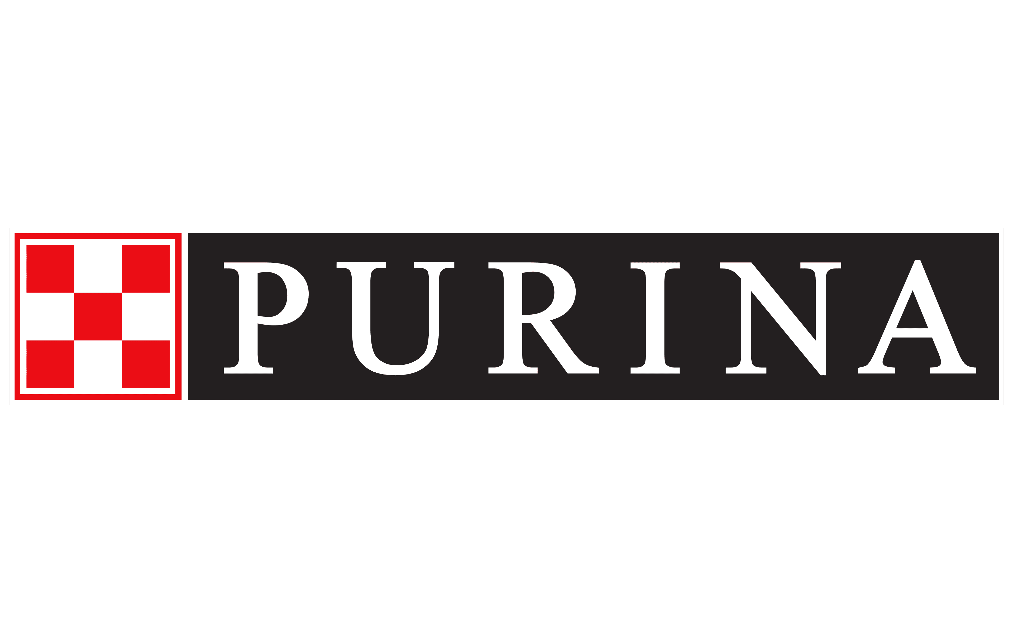 Purina brand logo consisting of a red and white checkerboard square next to the word PURINA in uppercase white letters on a black background.