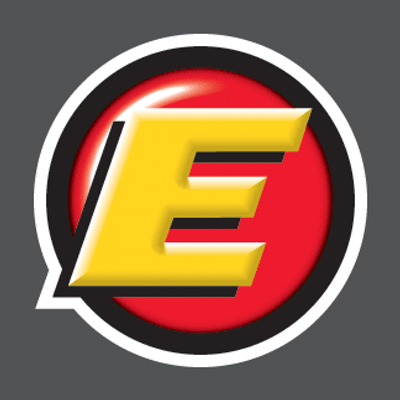 Yellow stylized letter E in 3D with shadow inside a red circle outlined in black and white on a dark gray background.