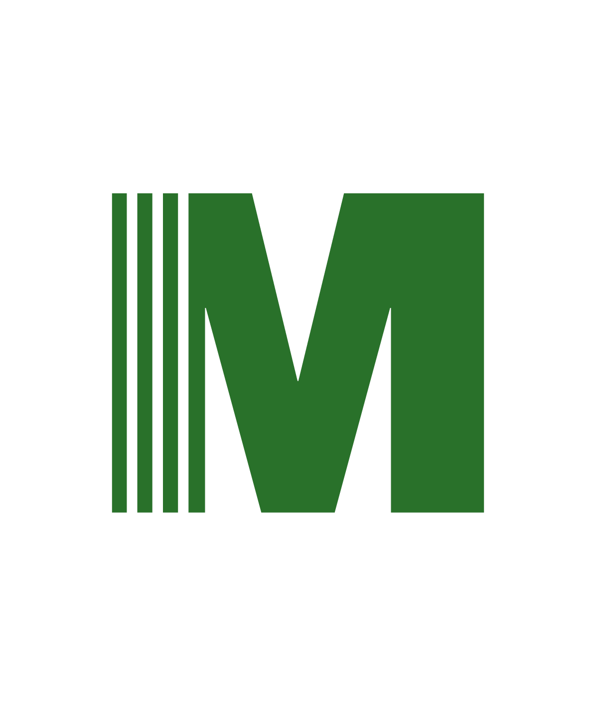 Green capital letter M with four vertical green lines to its left on a white background.