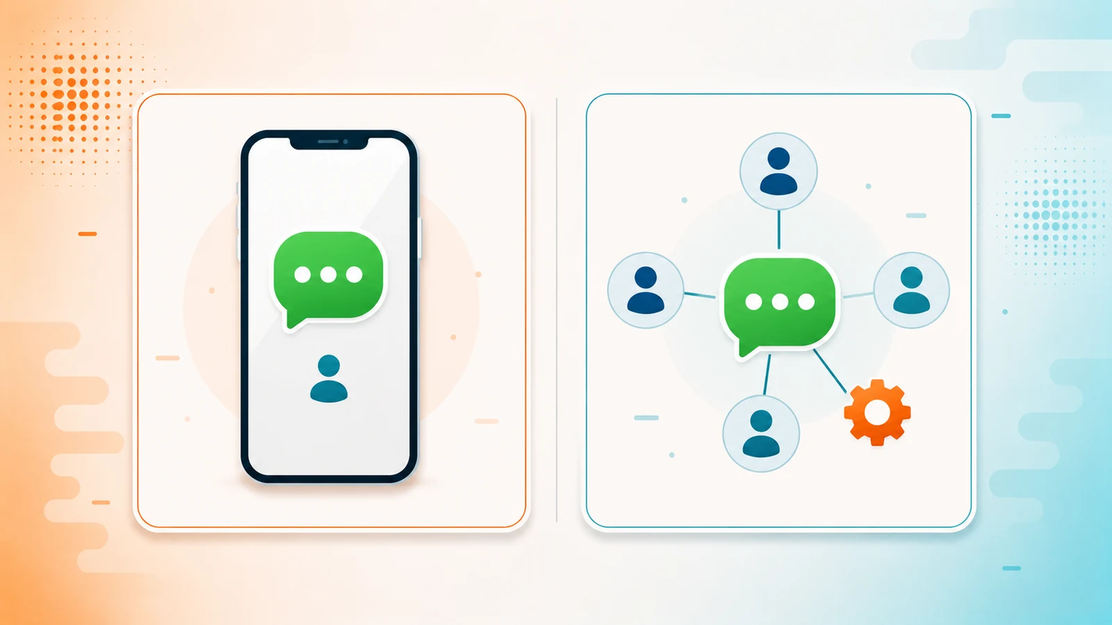 Un teléfono con un solo chat frente a una conversación conectada a varias personas y a una automatización - WhatsApp Business app contra WhatsApp Business API