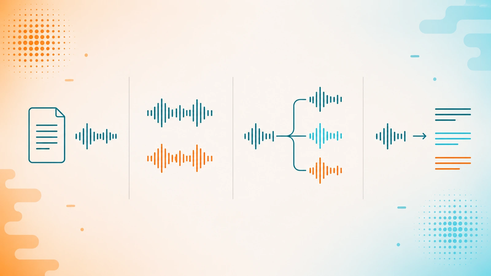 Cuatro paneles con ondas de audio: un texto que se convierte en voz, una voz duplicada, una pista separada en tres y un audio convertido en texto - los cuatro trabajos de la IA de voz