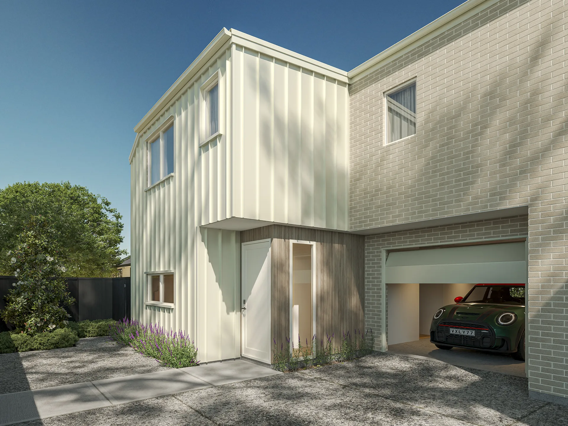 Modern two-story house with cream and brick exterior, a white door, purple flowers, and a partially open garage door revealing a green car inside.
