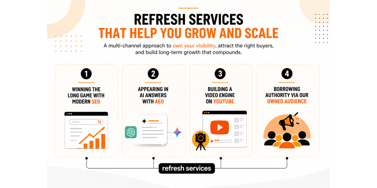 Modern infographic showing four Refresh services: SEO, AEO, YouTube video engine, and owned audience growth strategy in orange and black.