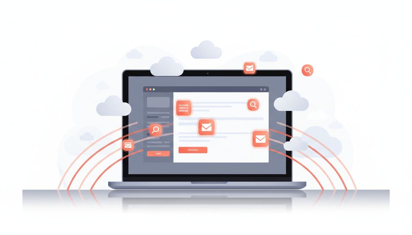 SEO optimized product page with search and email engagement icons.