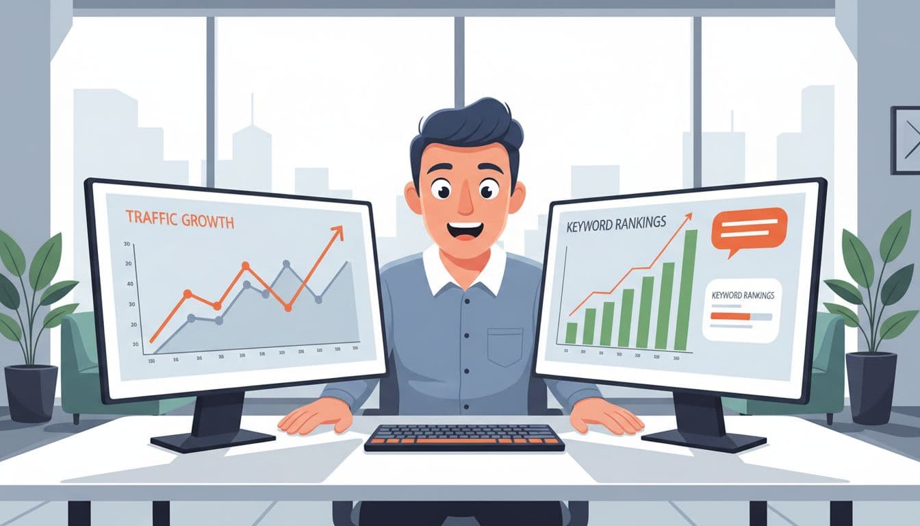 Software SEO dashboard showing traffic growth and keyword rankings.