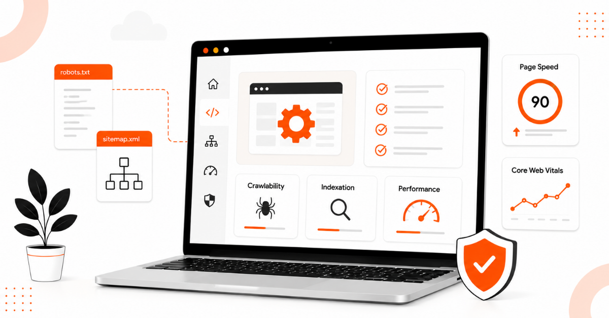 Technical SEO dashboard showing crawlability, indexation, and performance metrics on a laptop.
