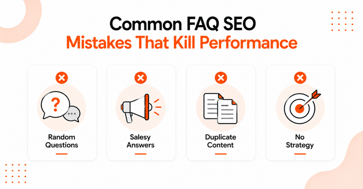 Illustration of FAQs SEO mistakes that kill the website's performance.