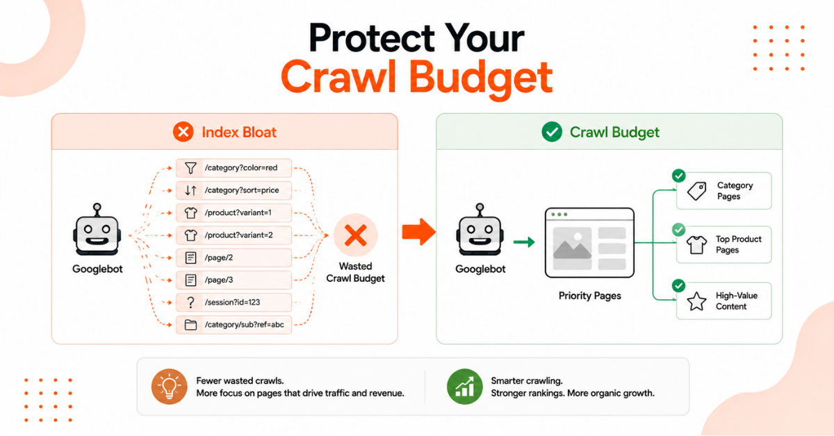 Technical SEO diagram showing how crawl budget optimization improves indexing of priority pages.