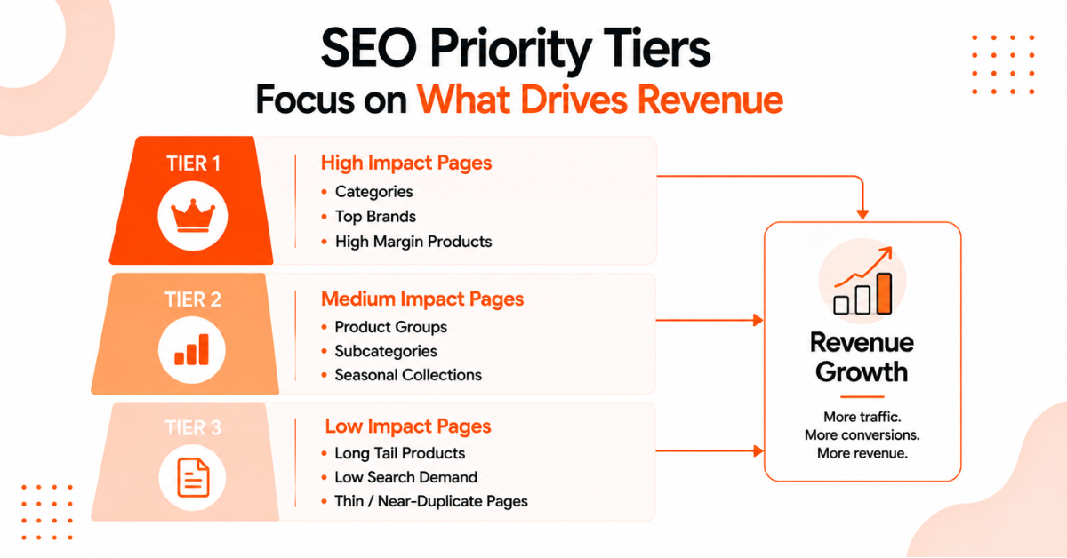 SEO priority framework showing high, medium, and low impact pages based on revenue potential.