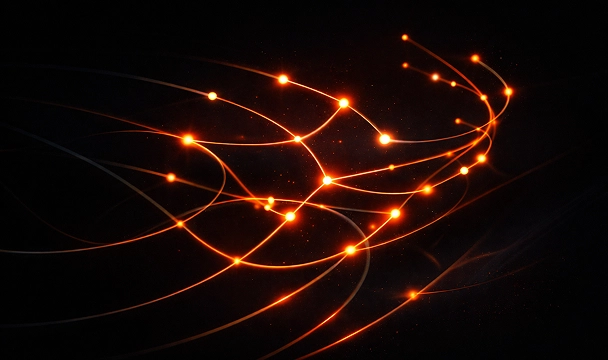 Glowing orange dots connected by curved lines forming an abstract network on a black background.