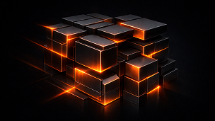 3D black cubes arranged in a grid with glowing orange edges on a dark background.