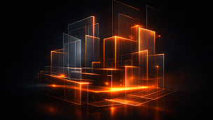 Glowing orange 3D wireframe cube structure on a dark background, resembling digital or futuristic architecture.
