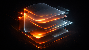 Abstract glowing layered translucent shapes with orange and blue light effects on a dark background.