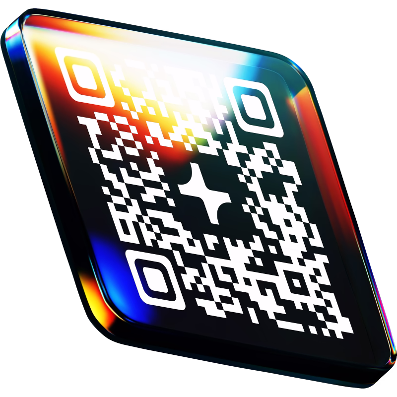 Glossy black square QR code tile with rainbow light reflections and a plus sign in the center.