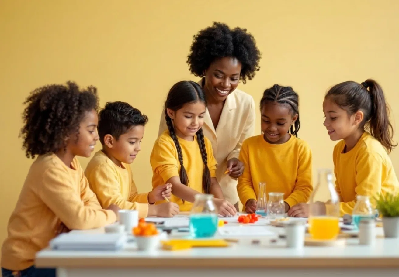 A female instructor and diverse students wearing yellow shirts engaged in a hands-on chemistry experiment, showcasing collaborative STEM learning.