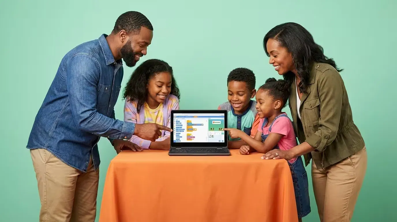 A diverse family enthusiastically engaging with a coding interface, illustrating the joy of collaborative learning and digital literacy.
