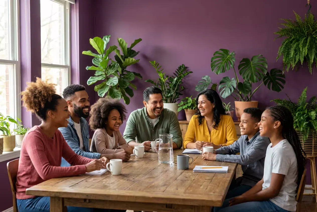 A warm, communal space with families gathered around a table, symbolizing the connection and community at the heart of CCAGTC.