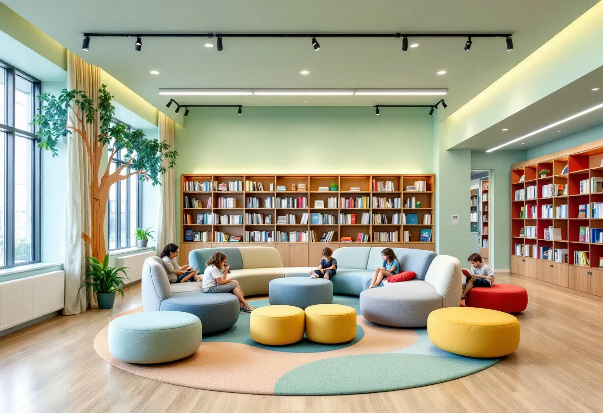 A bright, contemporary children’s library and study lounge designed to foster a love for reading and collaborative study.